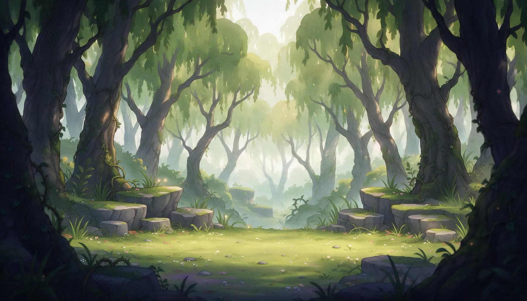 The same grove, healed: green leaves and warm light